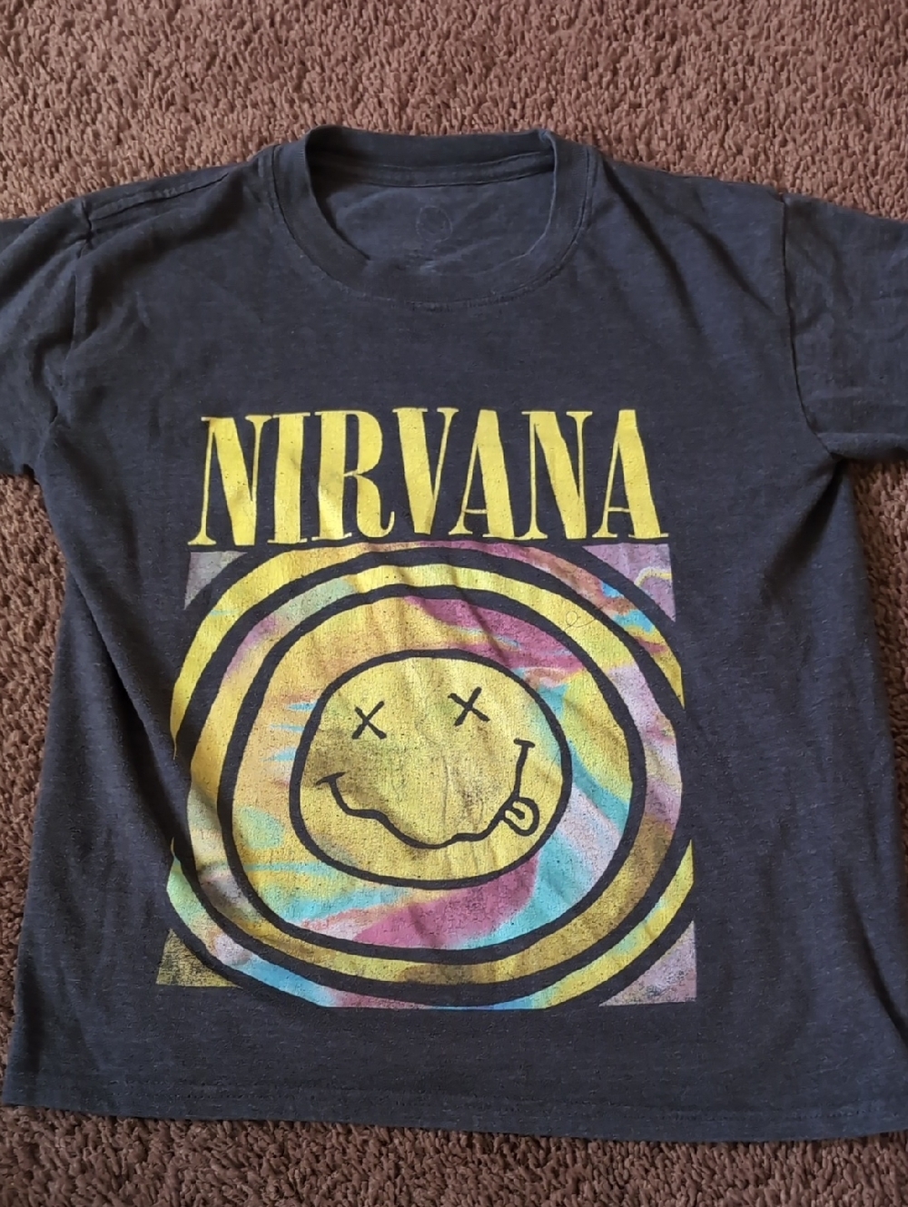 NIRVANA Black Tee with Yellow Logo and Multicolor Smile